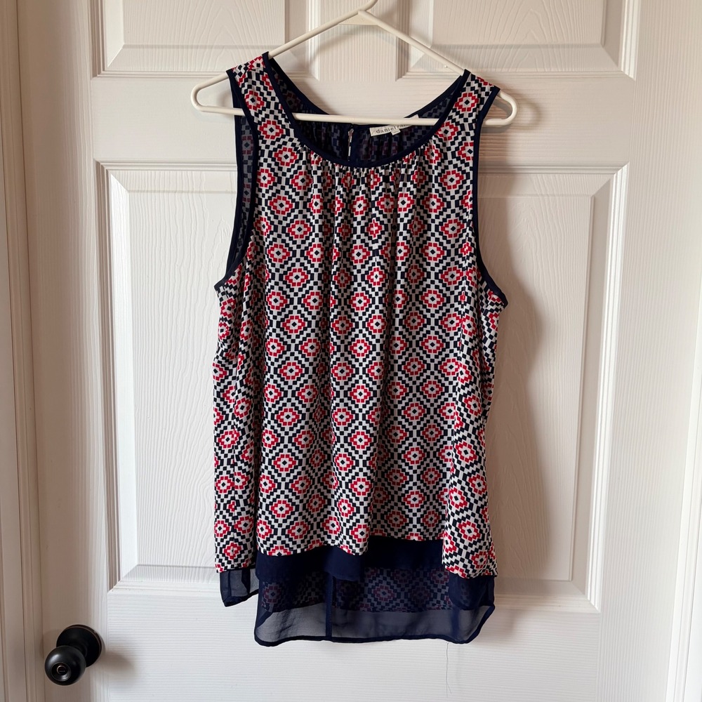 Daniel Rainn Navy Red Geometric‎ Mosaic Sleeveless Chiffon Layered Top Womens L